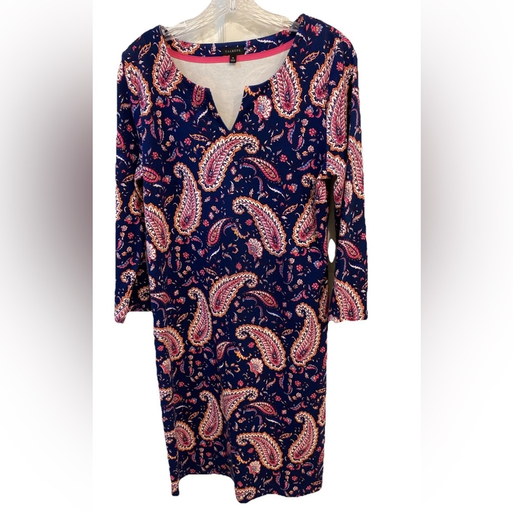 Talbots Navy Blue Paisley Jersey Shift Dress Medium - Picture 3 of 9